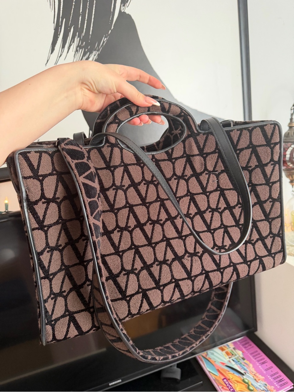 Valentino Brown and Black Monogram Tote with Top Handles